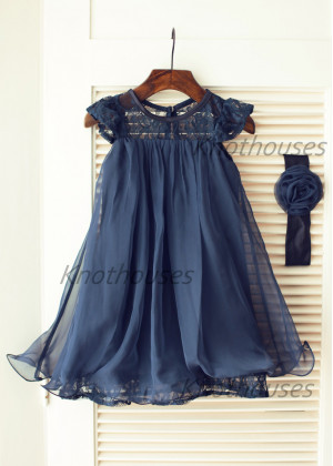 Illusion Neck Navy Blue Chiffon Lace Short Adorable Flower Girl Dress